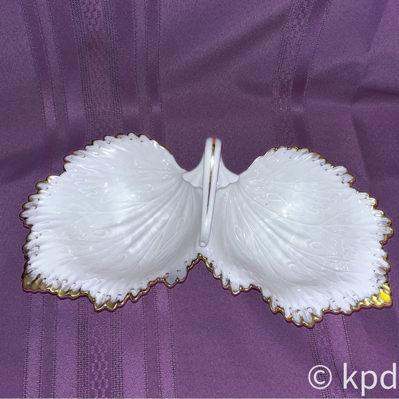 Vintage Lenox Gold Trimmed Double Leaf Handled Porcelain Candy Nut Dish Bowl - Picture 3 of 9